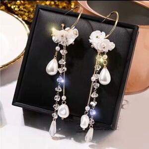 New Gold Clear Crystal & White Pearl Long Floral Drop Earrings